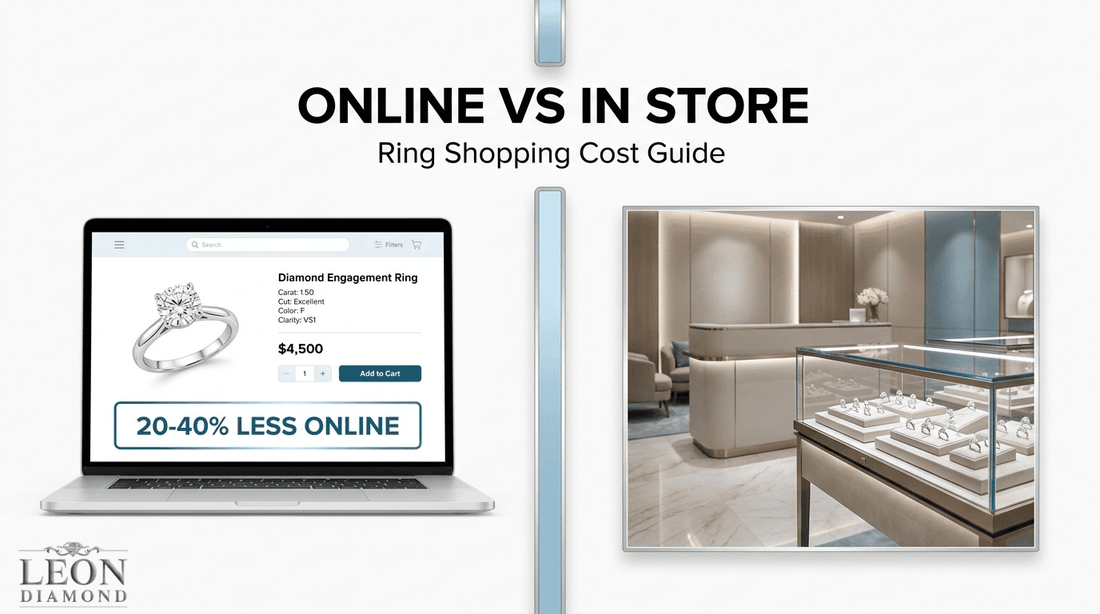 Online vs in-store engagement ring shopping cost guide showing online diamond rings priced 20 to 40 percent lower