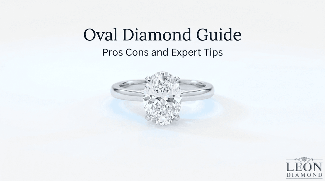 Oval diamond guide showing an oval diamond engagement ring with pros, cons, and expert buying tips