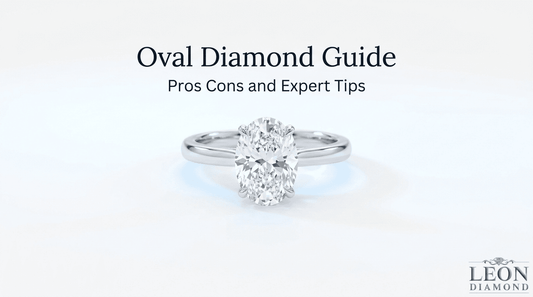 Oval diamond guide showing an oval diamond engagement ring with pros, cons, and expert buying tips