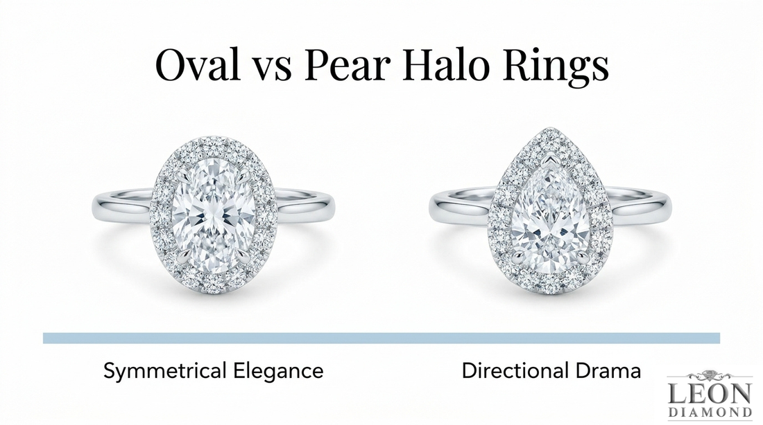 Oval and pear halo engagement rings compared for symmetrical elegance and directional drama.