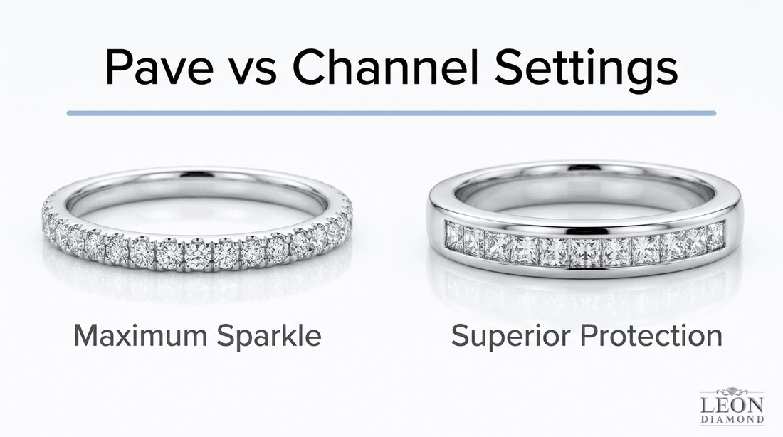 Pave vs channel diamond ring setting comparison showing maximum sparkle versus superior stone protection