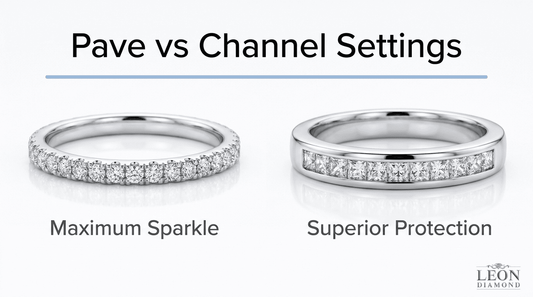 Pave vs channel diamond ring setting comparison showing maximum sparkle versus superior stone protection