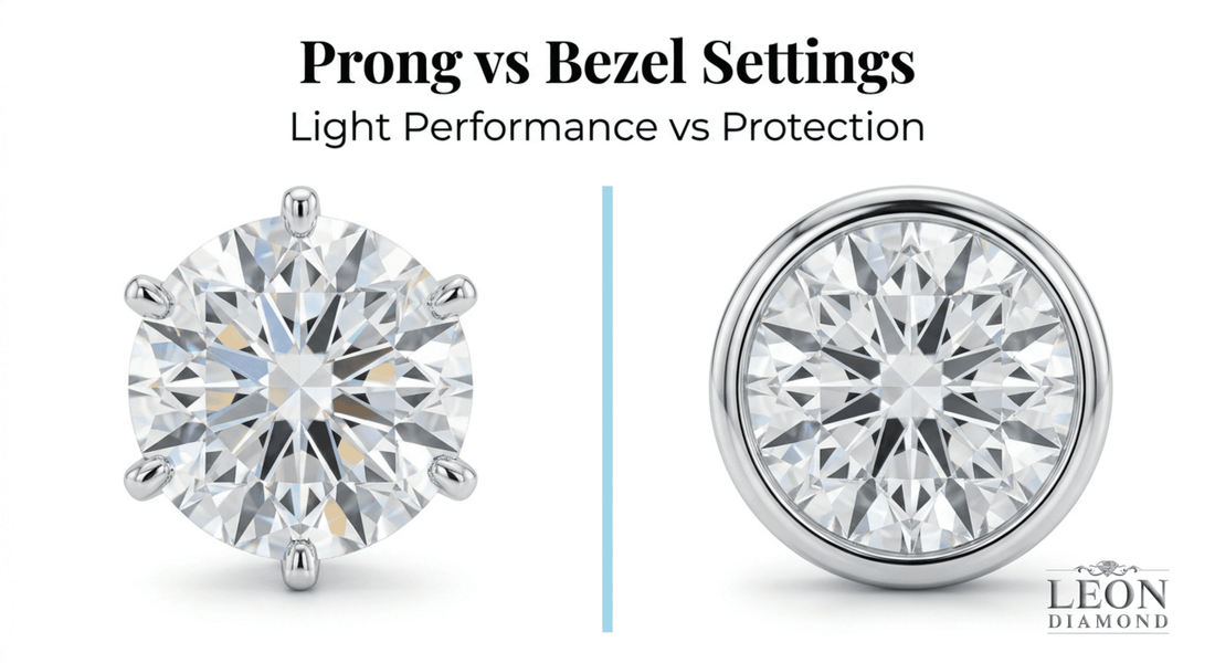 Prong vs bezel diamond setting comparison showing light performance and protection differences