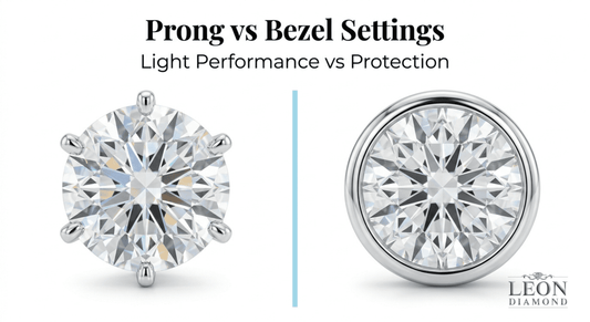 Prong vs bezel diamond setting comparison showing light performance and protection differences
