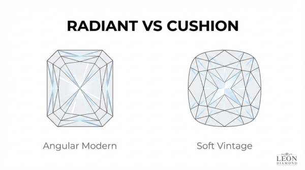 Radiant vs cushion cut diamond comparison showing angular modern radiant style versus soft vintage cushion diamond appearance