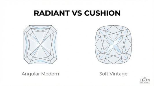 Radiant vs cushion cut diamond comparison showing angular modern radiant style versus soft vintage cushion diamond appearance