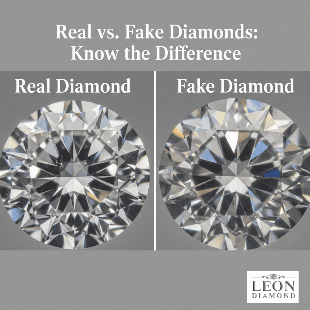 Side-by-side image showing a real diamond and a simulant with visible differences in brilliance, cut, and clarity.