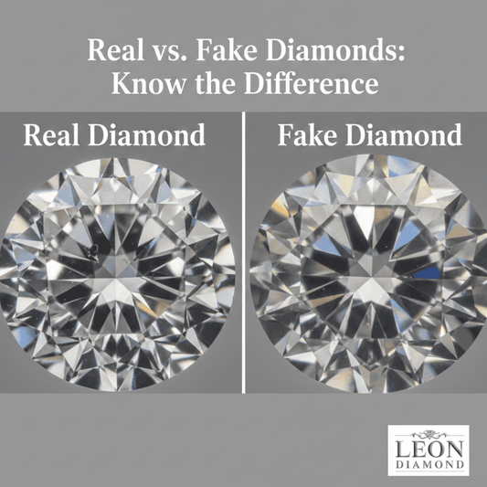 Side-by-side image showing a real diamond and a simulant with visible differences in brilliance, cut, and clarity.