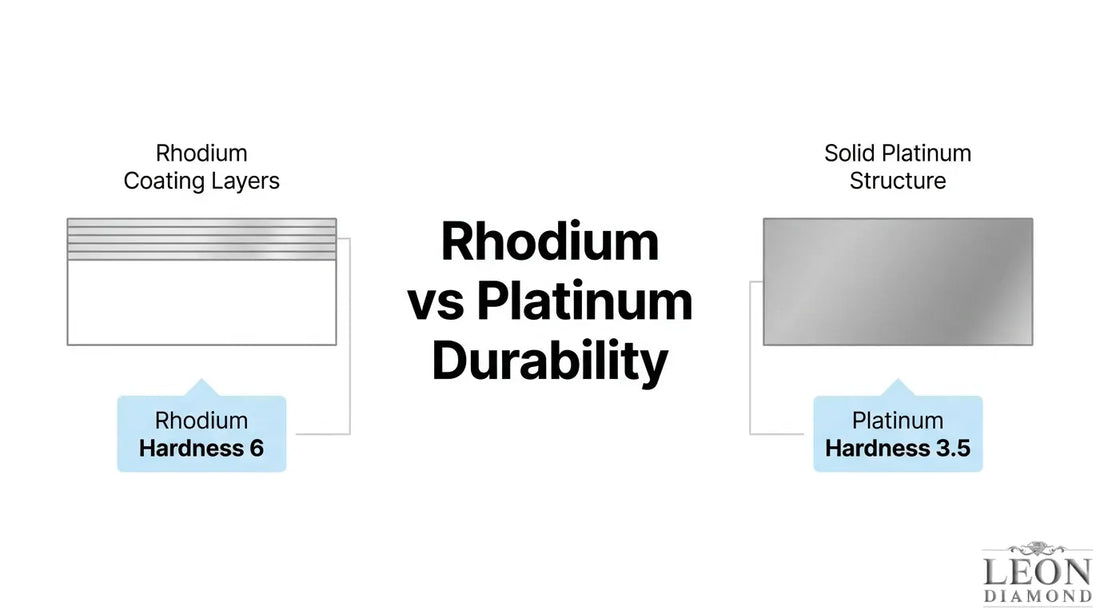 Rhodium vs. platinum durability comparison showing rhodium coating layers with hardness 6 and solid platinum with hardness 3.5.