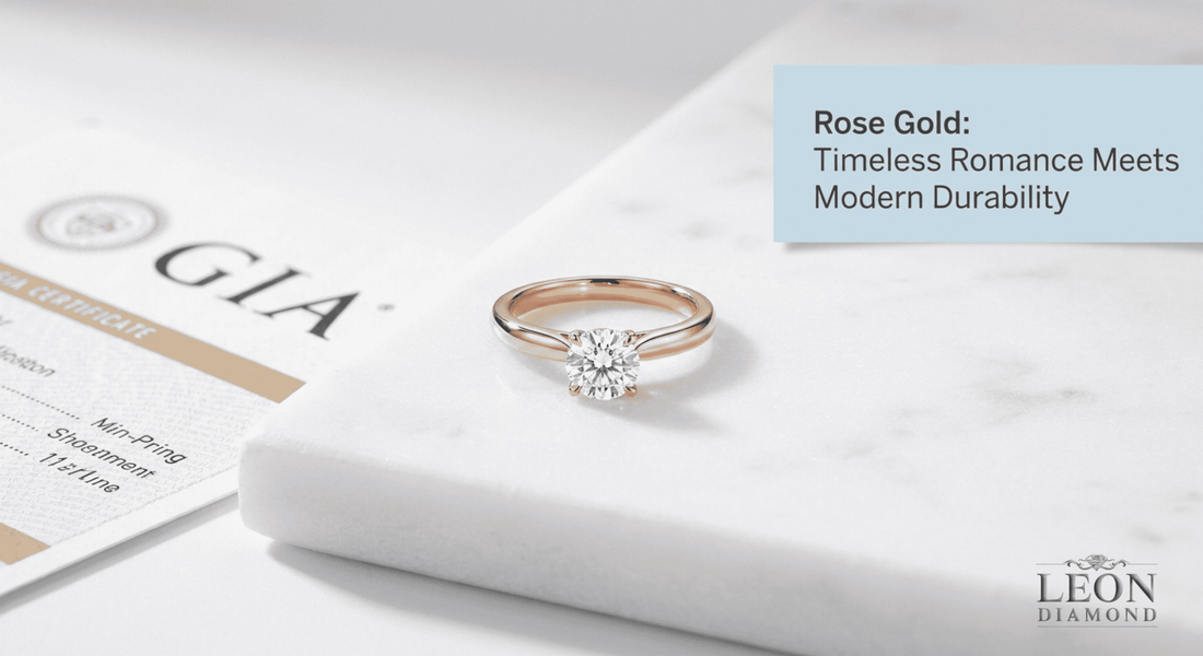 Rose gold engagement ring with round diamond on marble surface showing elegant warm tone setting