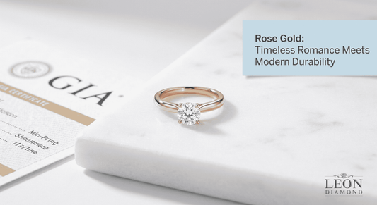 Rose gold engagement ring with round diamond on marble surface showing elegant warm tone setting