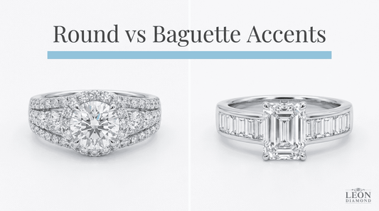 Side-by-side comparison of round brilliant and baguette accent diamond engagement ring designs
