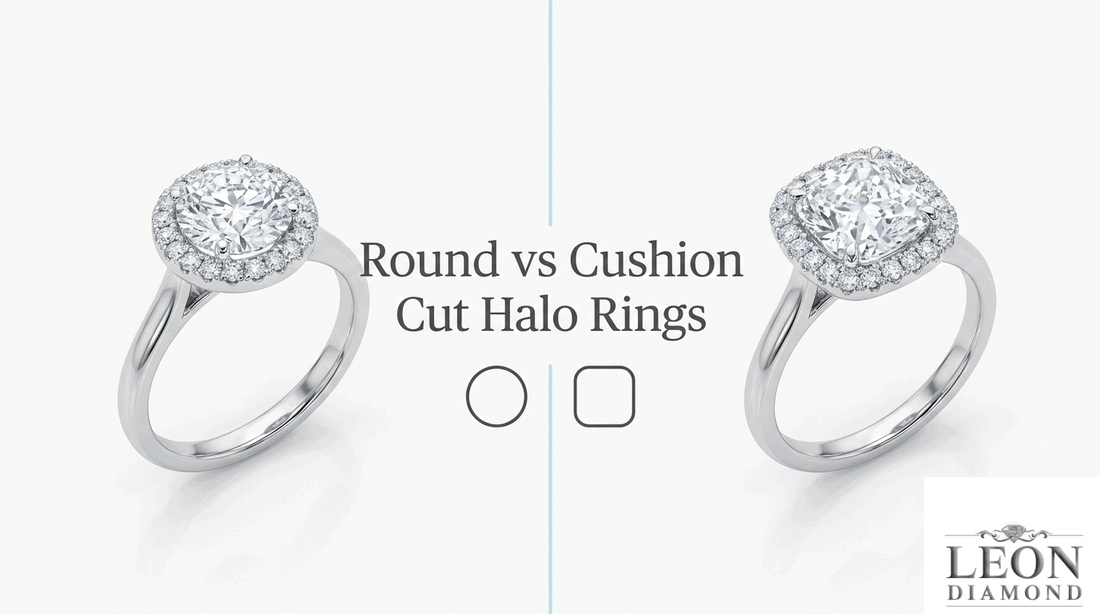 Round versus cushion-cut halo engagement rings shown side by side in white gold settings.