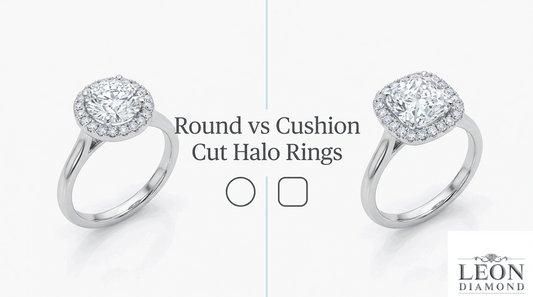 Round versus cushion-cut halo engagement rings shown side by side in white gold settings.