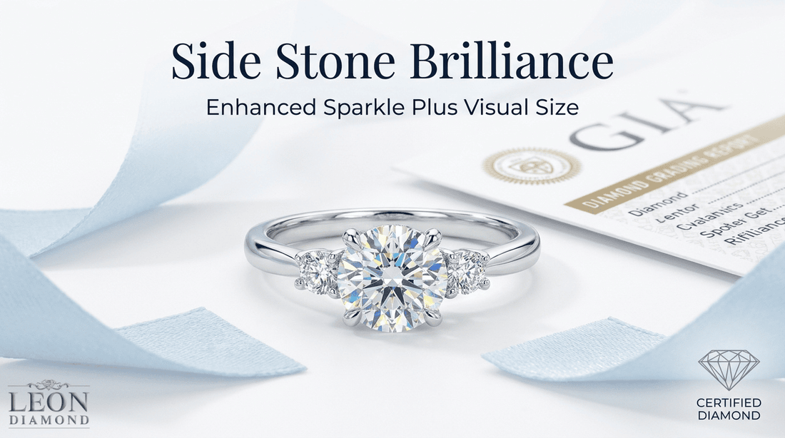 Certified side-stone diamond engagement ring showing enhanced sparkle and greater visual size beside a GIA grading report.