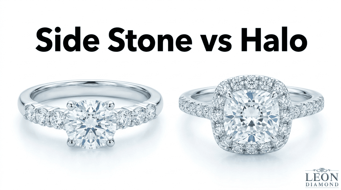 Side-stone versus halo engagement rings showing differences in diamond placement, sparkle, and center-stone appearance.