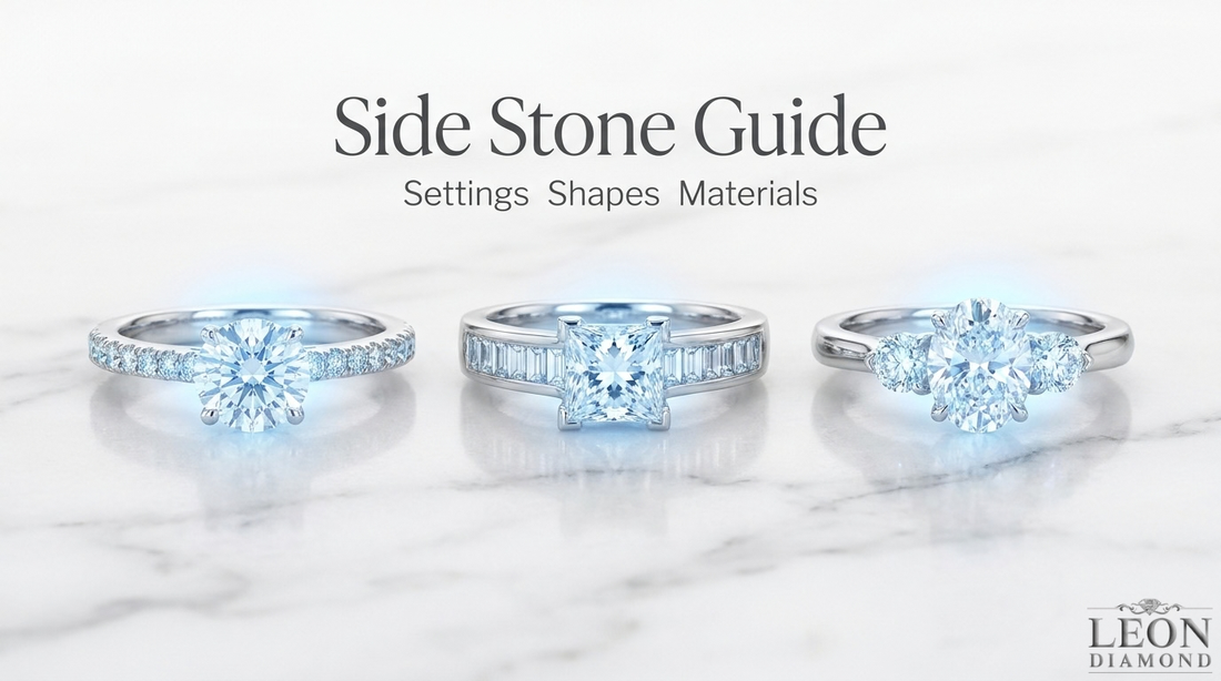 Side stone engagement ring guide showing pavé, channel-set, and three-stone diamond ring designs with different side stone arrangements.