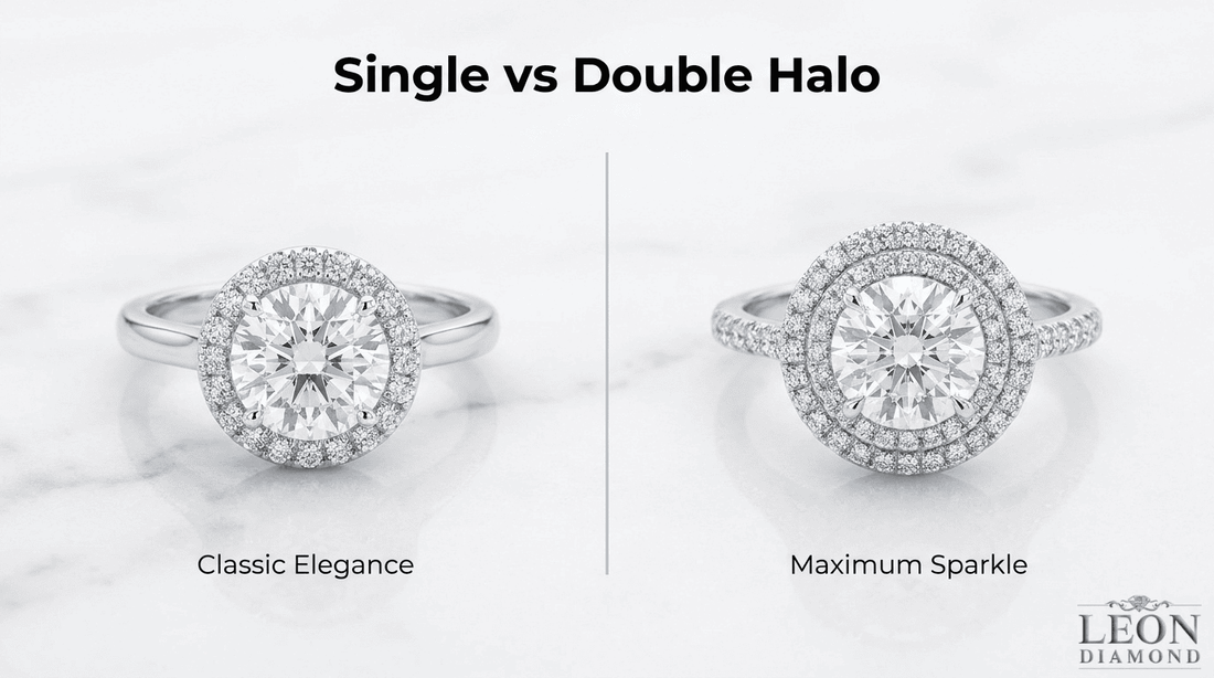 Single versus double-halo engagement rings comparing classic elegance with maximum sparkle and visual impact.