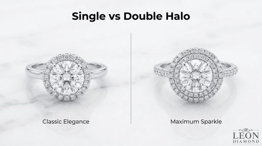 Single versus double-halo engagement rings comparing classic elegance with maximum sparkle and visual impact.