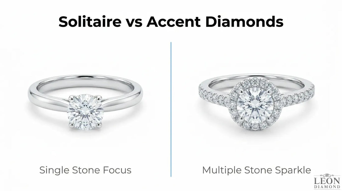 Solitaire and accent diamond engagement rings compared by single-stone focus and multi-stone sparkle.