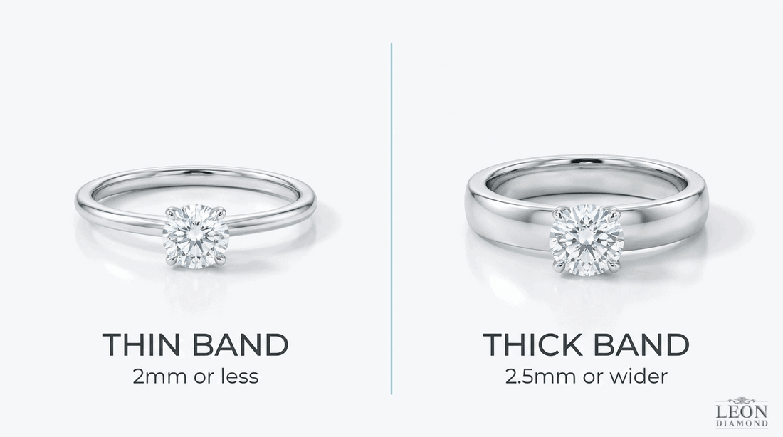 Comparison of thin engagement ring bands at 2 mm or less and thick bands at 2.5 mm or wider