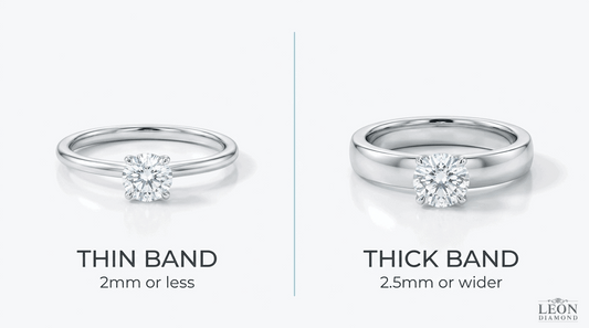 Comparison of thin engagement ring bands at 2 mm or less and thick bands at 2.5 mm or wider