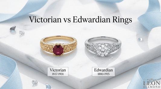 Victorian vs Edwardian rings comparison showing ornate gold gemstone ring and platinum diamond filigree ring styles