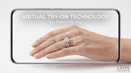 Virtual engagement ring try-on technology showing a diamond ring previewed on a hand through a smartphone screen