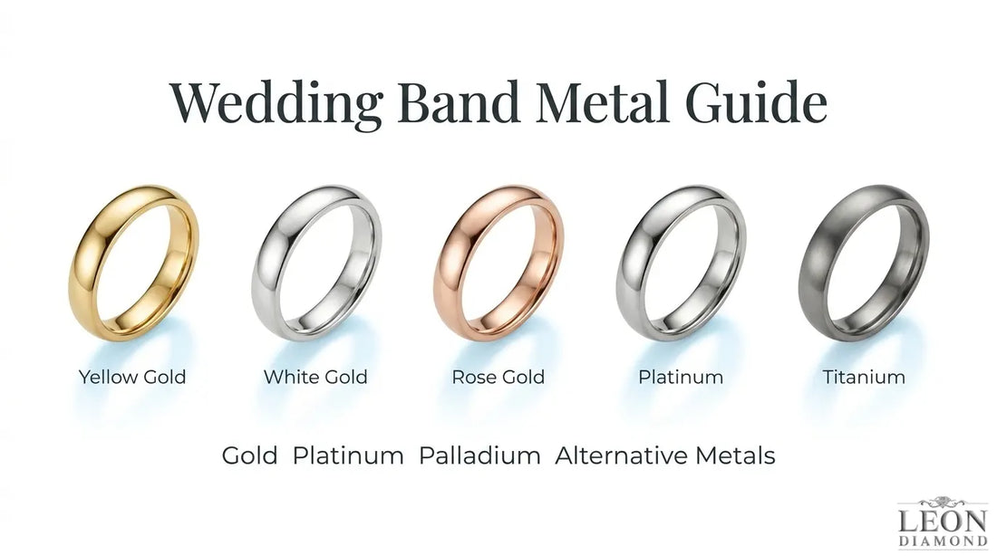 1. Wedding band metal guide comparing yellow gold, white gold, rose gold, platinum, and titanium options.