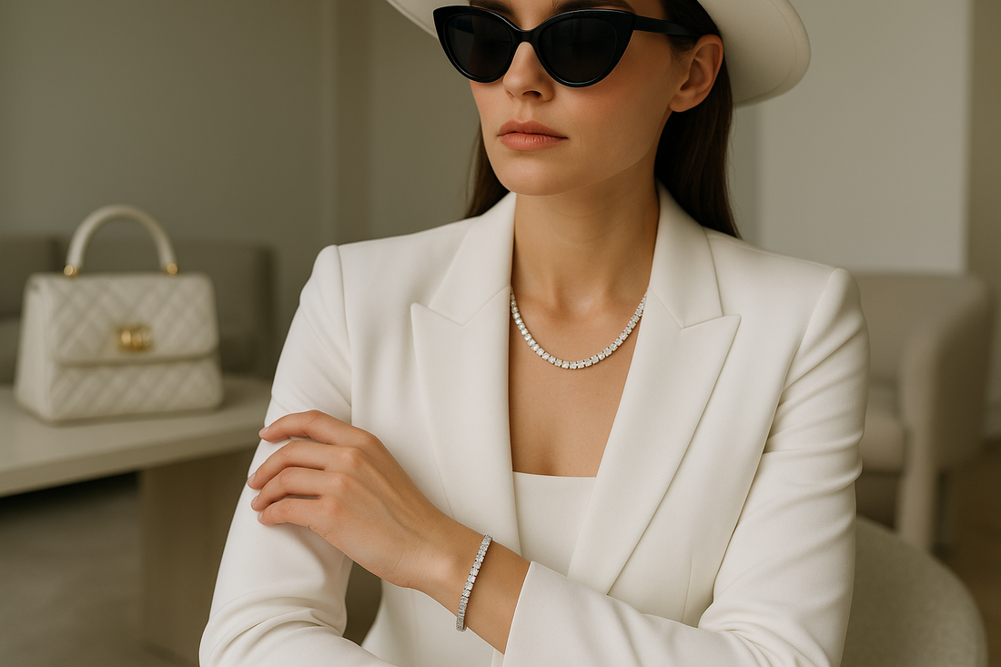 Woman wearing a monochrome outfit styled with a white gold tennis bracelet and necklace, showcasing elegant diamond jewelry.