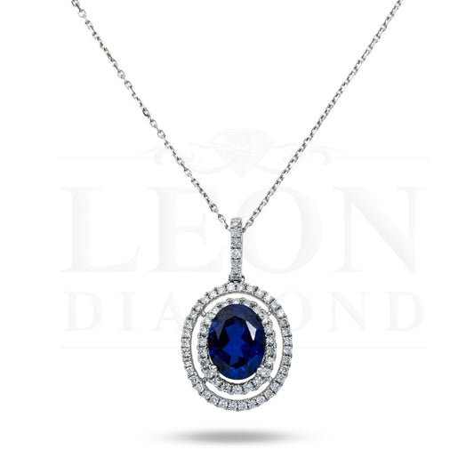 14K & 18K White Gold Diamond Oval Cut Sapphire Gemstone Necklace Necklace