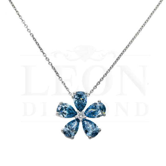 14K & 18K White Gold Pear Cut Blue Diamond Flower Necklace 1.34Ct Pendant