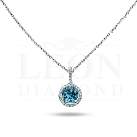 14K & 18K White Gold Round Diamond Aquamarine Gemstone Necklace Necklace