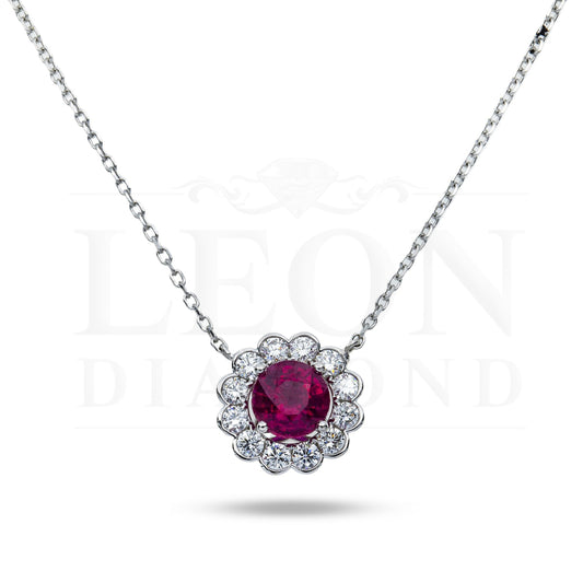 14K & 18K White Gold Round Diamond Ruby Gemstone Necklace Necklace