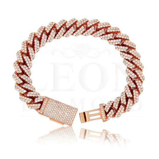 14K Rose Gold 12.5Mm Round Diamond Cuban Link Bracelet 10.97Ct Bracelets