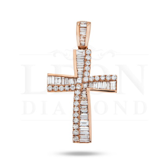 14K Rose Gold Baguette & Round Diamond Cross Pendant 1.14Ct