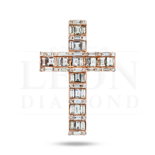 14K Rose Gold Baguette & Round Diamond Cross Pendant 2.30Ct