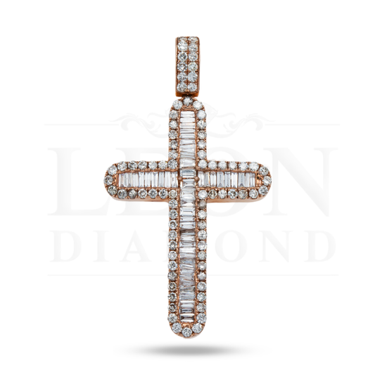 14K Rose Gold Baguette & Round Diamond Cross Pendant 7.70Ct