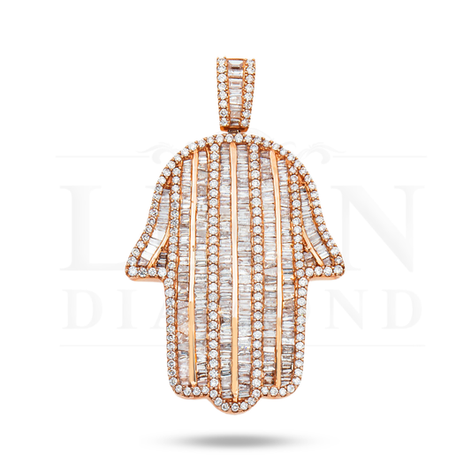 14K Rose Gold Baguette & Round Diamond Hamsa Pendant 3.52Ct