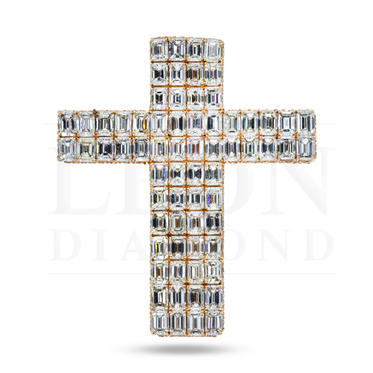 14K Rose Gold Emerald Cut Diamond Cross Pendant 17.34Ct