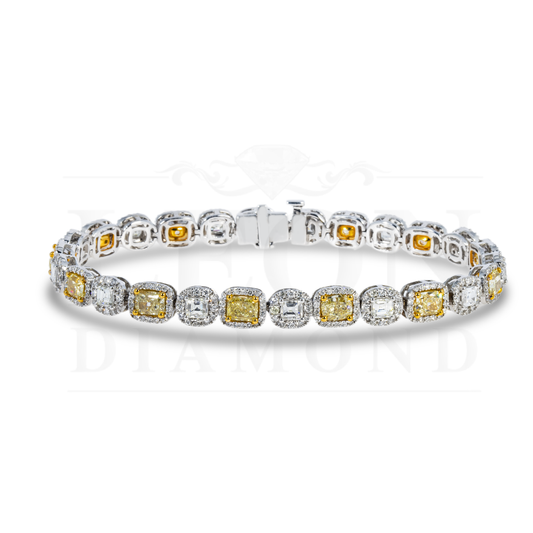 14K Two Tone Asscher & Cushion Cut Fancy Yellow Diamond Bracelet 11.62Ct Bracelets