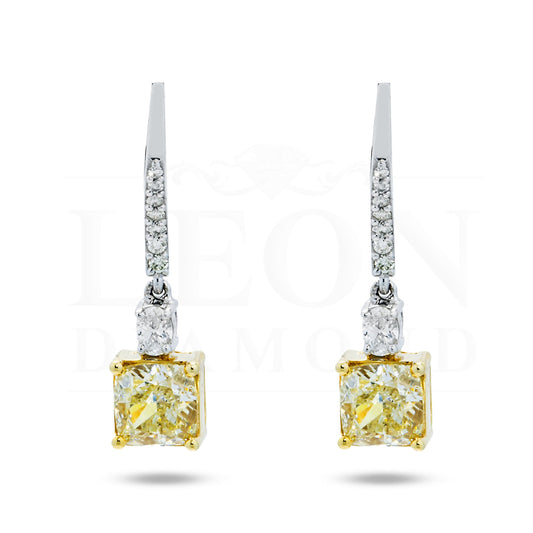 14K Two Tone Cushion Cut Fancy Yellow Diamond Drop Earrings 2.54Ctw