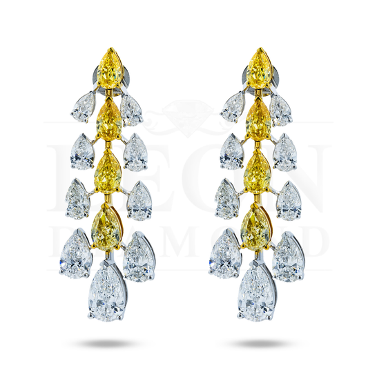 14K Two Tone Gold Pear Cut White & Fancy Yellow Diamond 16.33Ctw Earrings