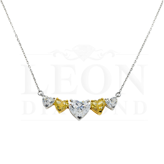 14K Two Tone Heart Cut White & Fancy Yellow Diamond Bar Necklace 3.20Ct Necklace