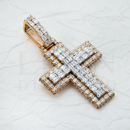 14K Two Tone Round Diamond Bilevel Cross Pendant 6.90Ct