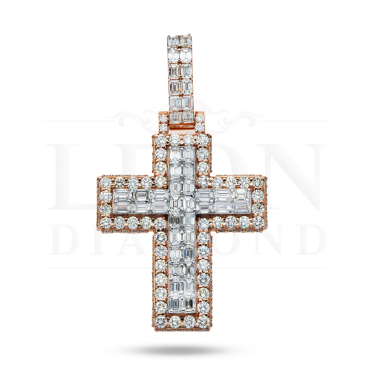 14K Two Tone Round Diamond Bilevel Cross Pendant 6.90Ct