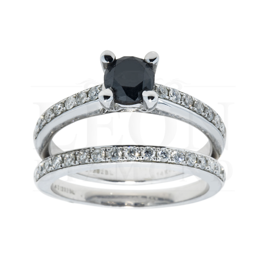 14K White Gold 0.92Ct Roud Cut Black Diamond Ring 1.45Ctw Bridal