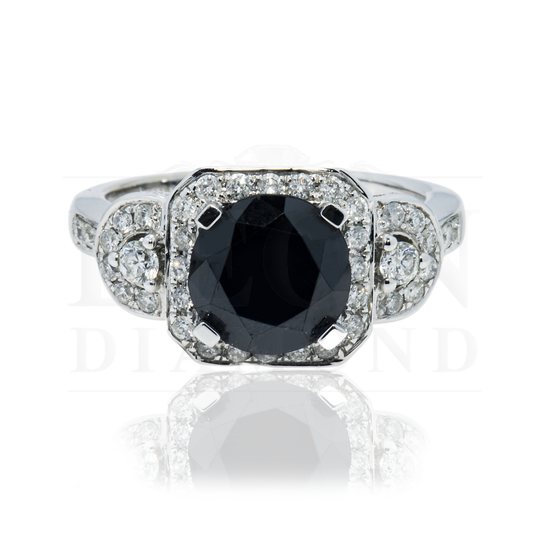 14K White Gold 2.82Ct Round Cut Black Diamond Ring 3.74Ctw Bridal