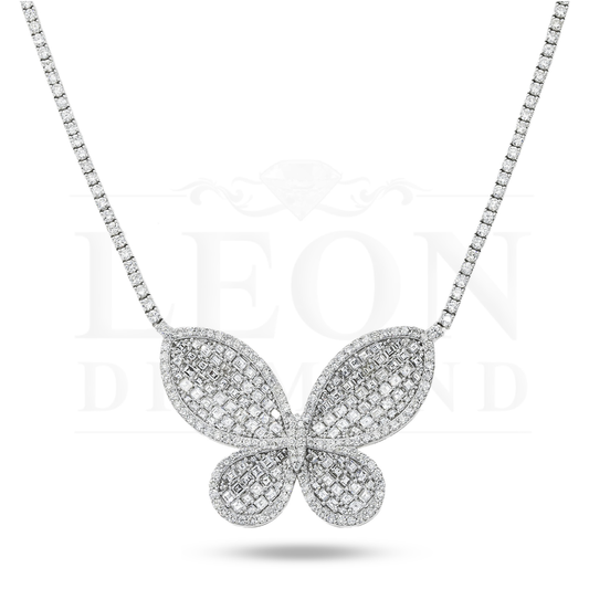 14K White Gold Asscher Cut Diamond Butterfly Pendant & Chain Necklace 15.16Ct Necklace