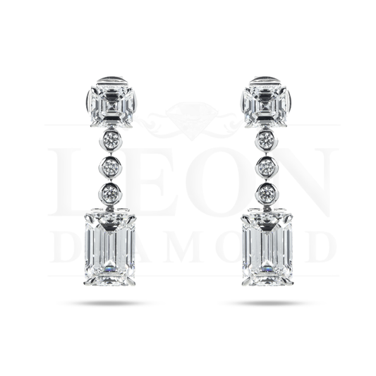 14K White Gold Asscher & Emerald Cut Diamond Short Drop Earrings 8.29Ctw